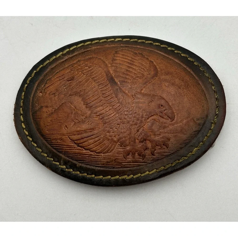 Vintage Tooled Embossed Leather Bald Eagle Belt Buckle Handcrafted 3.75